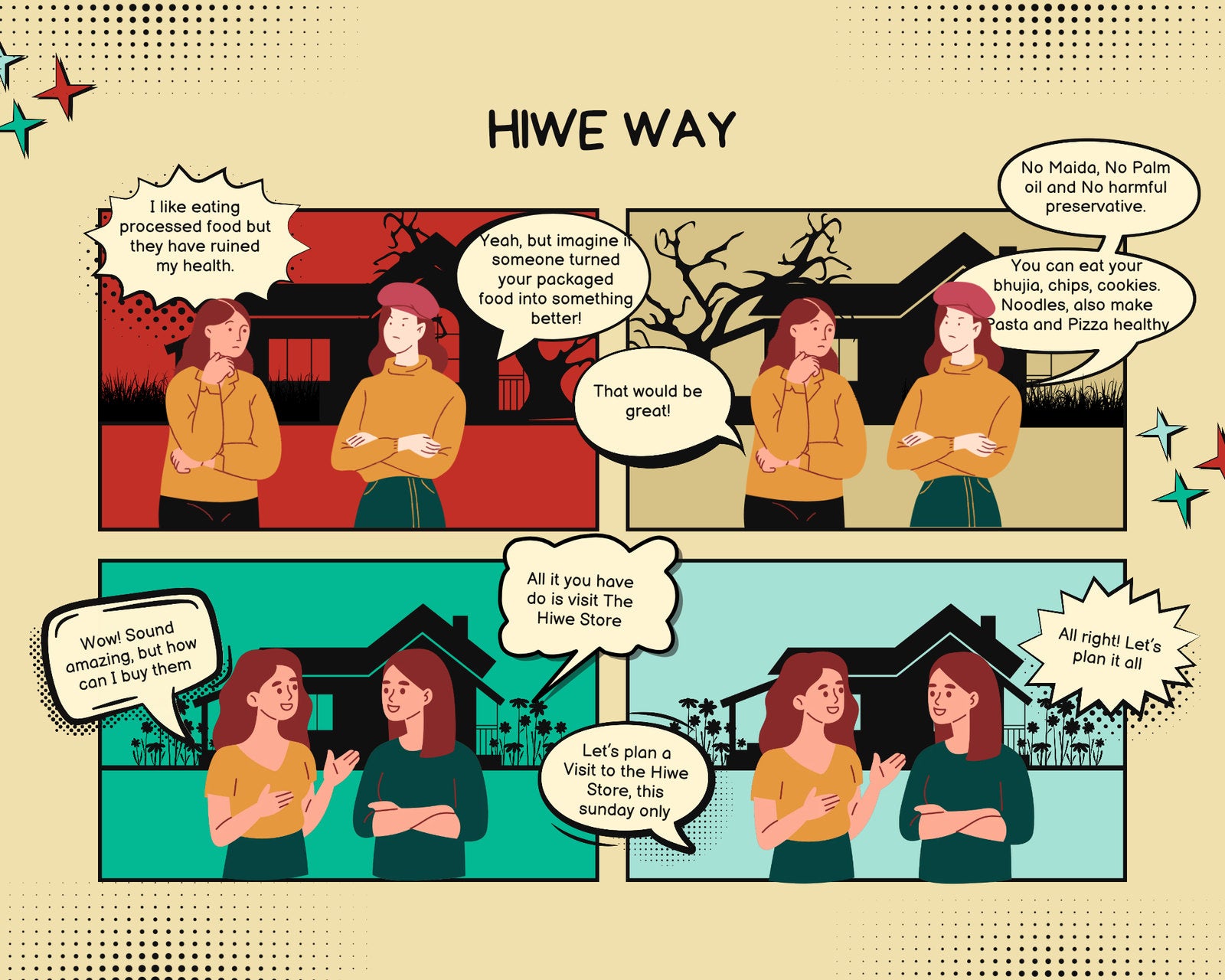 Hiwe Way comic: two friends who love processed food find out they can still have their bhujia, chips, cookies, noodles, pasta and pizza, made without maida or palm oil, at the Hiwe Store